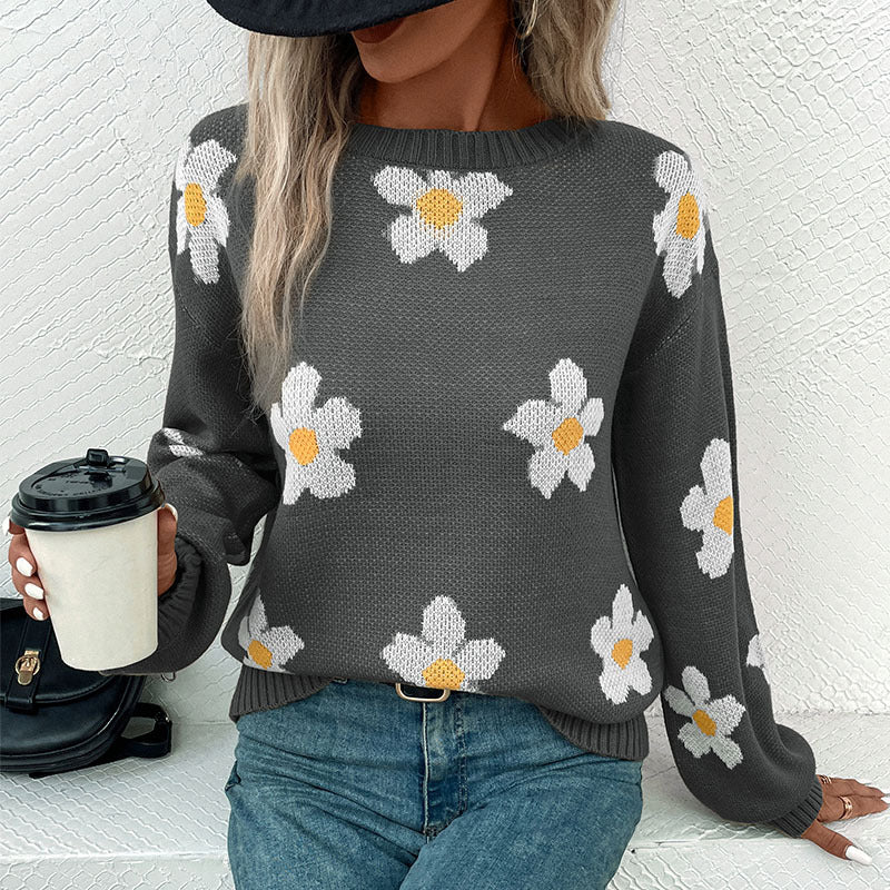 Damen Gemusterter Strickpullover mit Blumenmotiv Shop Nory
