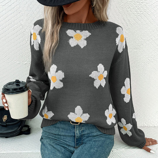 Damen Gemusterter Strickpullover mit Blumenmotiv Shop Nory