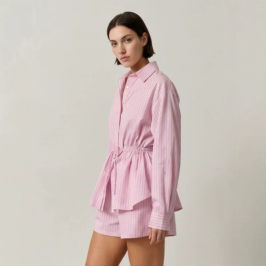 Damen Gestreiftes Loungewear-Set aus Leichtbaumwolle mit Kordel-Taille & Shorts Shop Nory