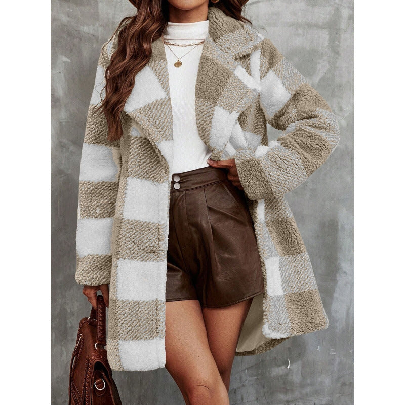 Damen Karierter Teddy-Mantel mit Reverskragen und Kuschel-Fleece Shop Nory