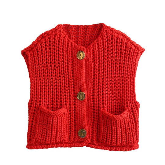Damen Kurzgeschnittene Ärmellose Strickweste mit V-Ausschnitt und Zierknöpfen Shop Nory