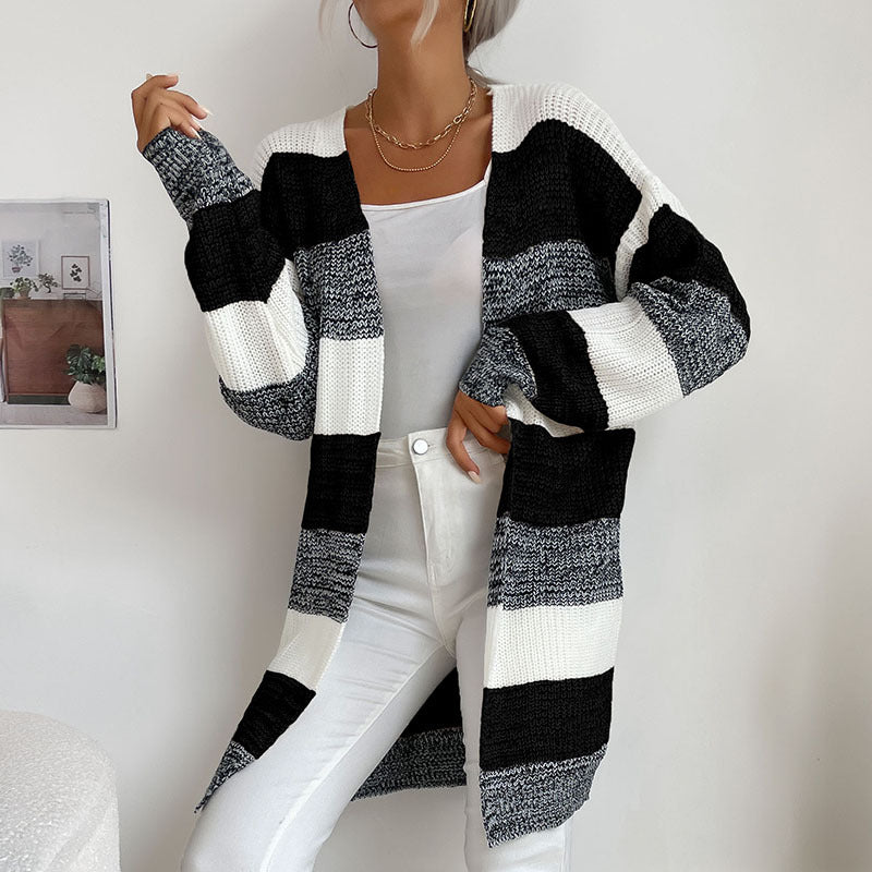 Damen Langer Oversize-Strickcardigan mit Blockstreifen und offener Front Shop Nory