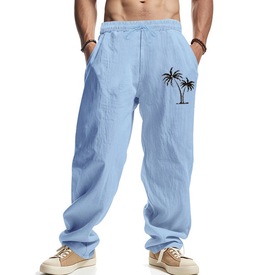 Herren Leichte Leinenoptik-Freizeithose mit elastischem Bund, Kordelzug & Palmen‑Stickerei Shop Nory