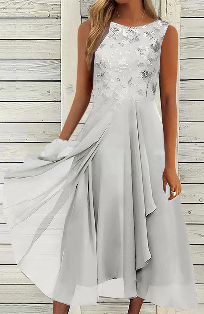 Damen nan ärmelloses Chiffon-Midikleid mit bestickter Brustpartie und asymmetrischem Lagenrock