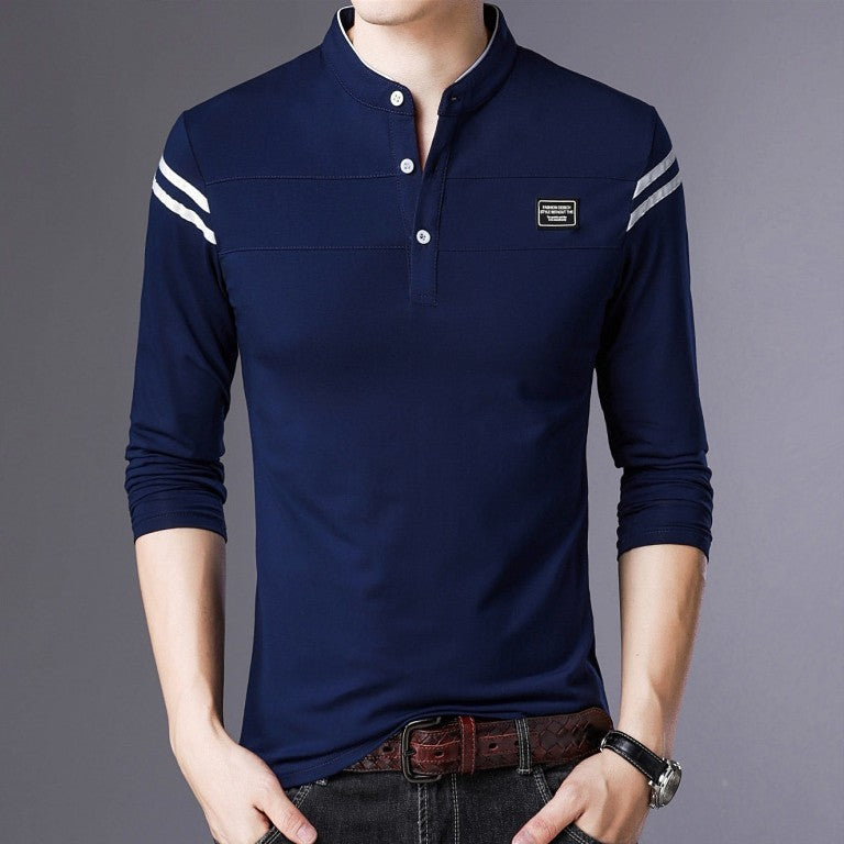 Herren Slim-Fit Langarm-Henley mit Stehkragen und Schulterstreifen Shop Nory