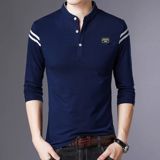 Herren Slim-Fit Langarm-Henley mit Stehkragen und Schulterstreifen Shop Nory