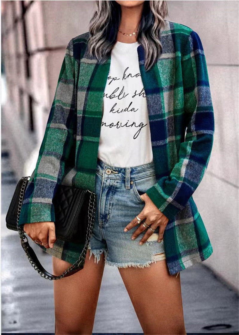 Damen Kariertes Longblazer‑Shacket ohne Kragen, offen geschnitten Shop Nory