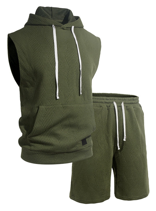 Herren nan ärmelloses Kapuzen-Lounge-Set aus strukturierter Baumwollmischung mit Kängurutasche und elastischer Freizeithose