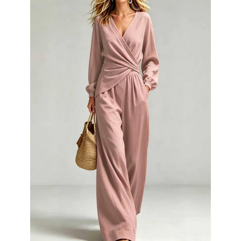 Damen Wickel-Jumpsuit mit weitem Bein und V-Ausschnitt Shop Nory