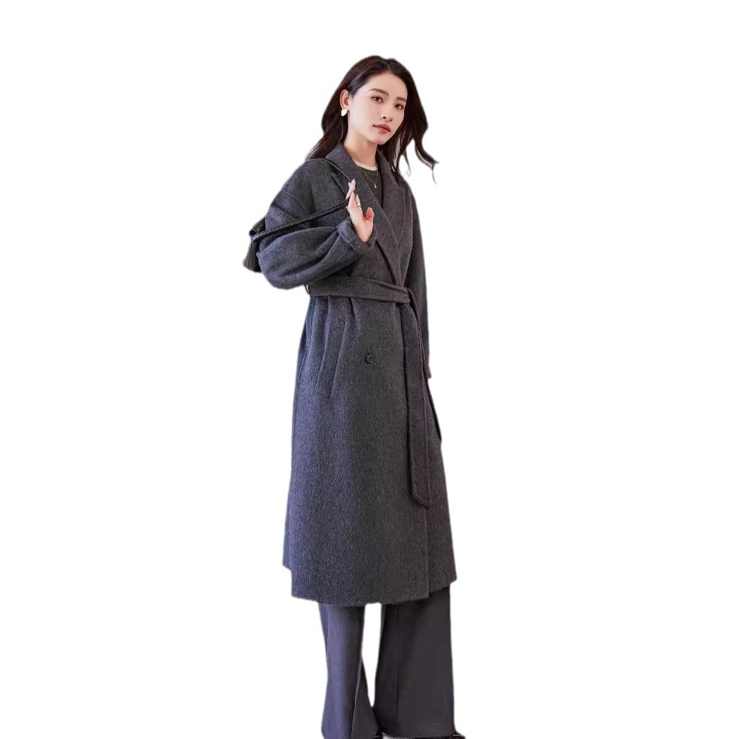 Damen Wollmantel mit Bindegürtel und weitem Revers Shop Nory