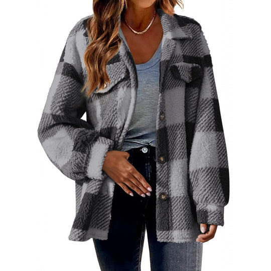 Damen Karierte Teddy‑Hemdjacke im Oversize‑Shacket‑Stil Shop Nory