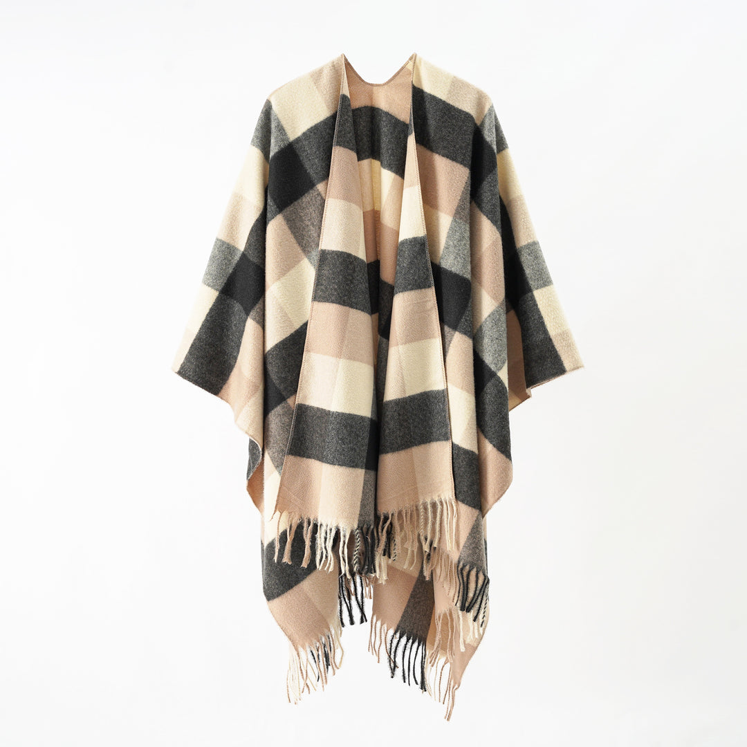 Damen Oversize-Wrapponcho aus Wollmix mit grafischem Rautenmuster und Fransensaum Shop Nory