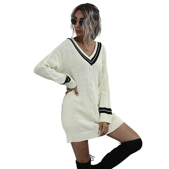 Damen Lässiges Strickkleid mit V-Ausschnitt Shop Nory