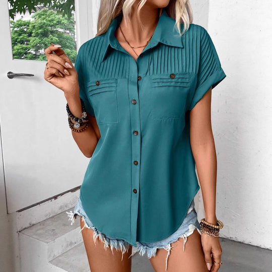 Damen Kurzarm-Bluse mit feiner Faltenpasse, Brusttaschen und Kentkragen Shop Nory