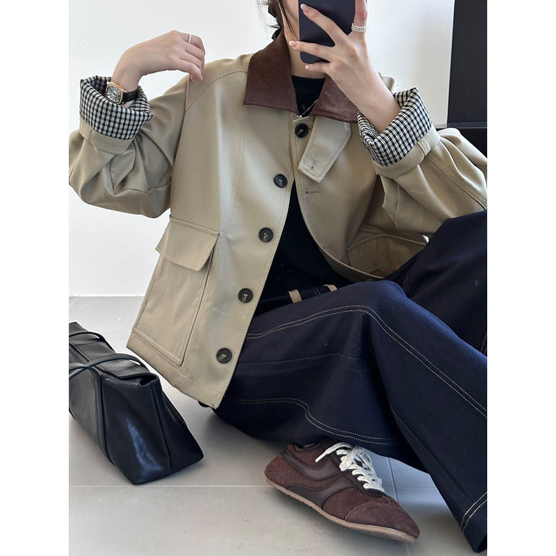 Damen Boxy Übergangsjacke mit Cordkragen und großen Pattentaschen Shop Nory