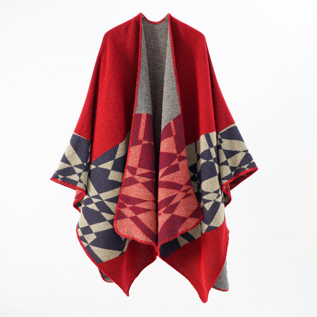 Damen Großer Strickponcho im Cape‑Schnitt mit Ziernaht und geometrischem Intarsia Shop Nory