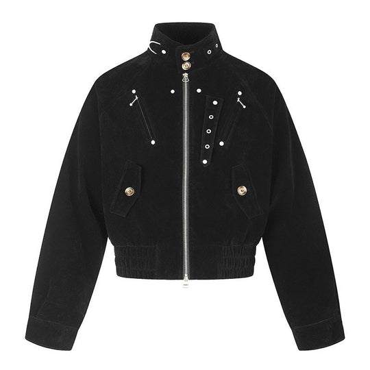 Damen kurze Wildleder‑Bomberjacke mit hohem Stehkragen und metallischen Details Shop Nory