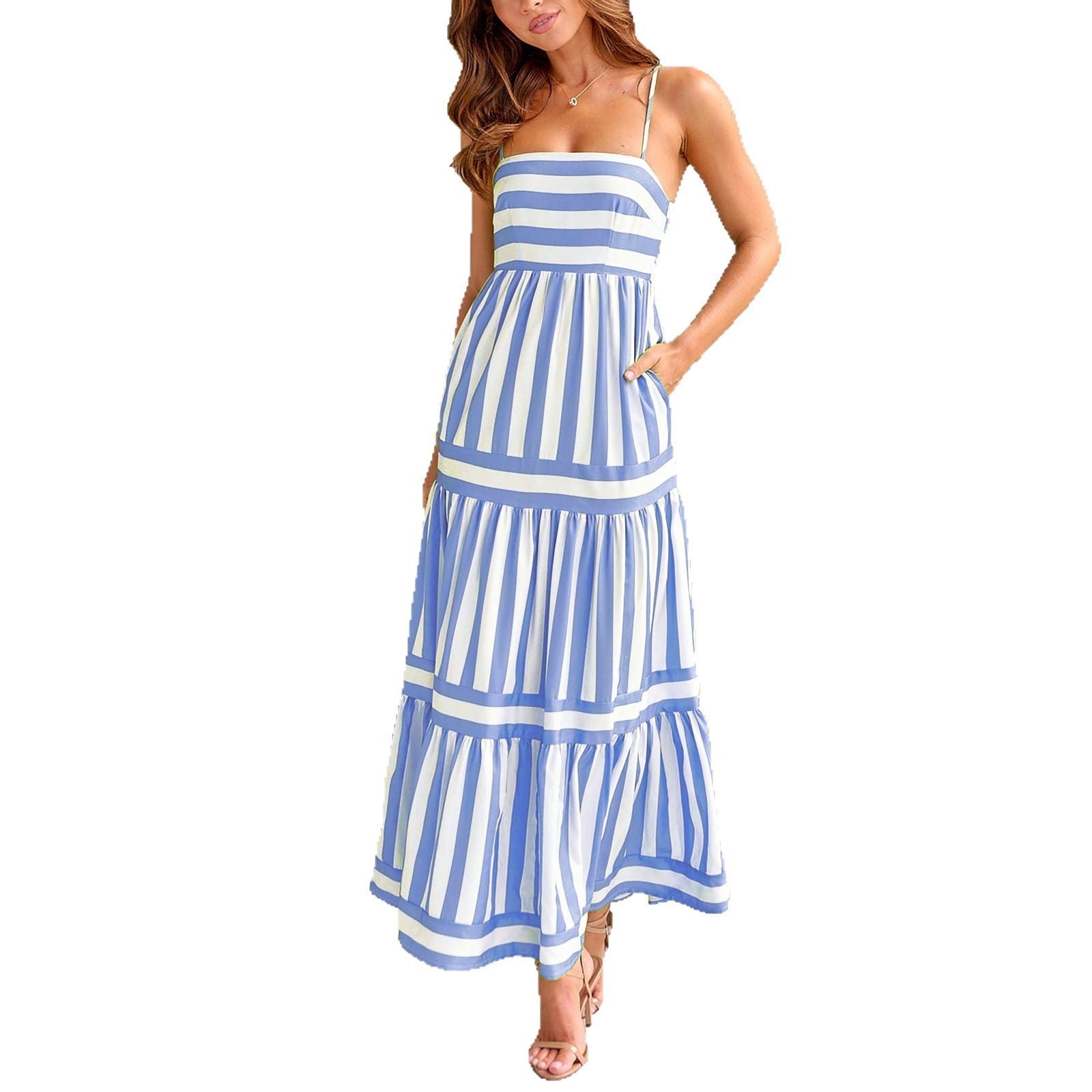 Damen Maxikleid mit Streifenmuster und fließendem Rock