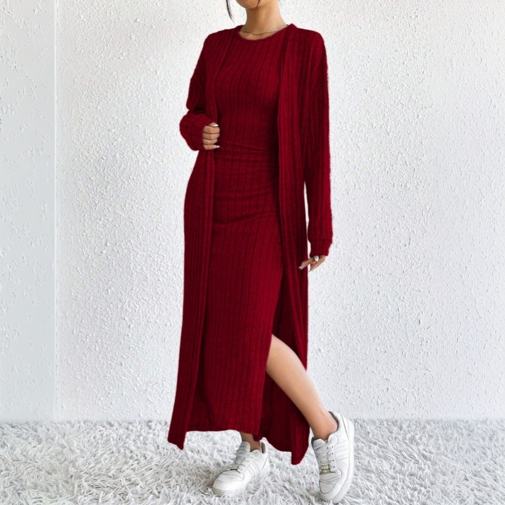 Damen geripptes Midikleid mit figurformendem Bustieroberteil hohem Seitenschlitz und passendem Longcardigan aus Feinstrick Shop Nory