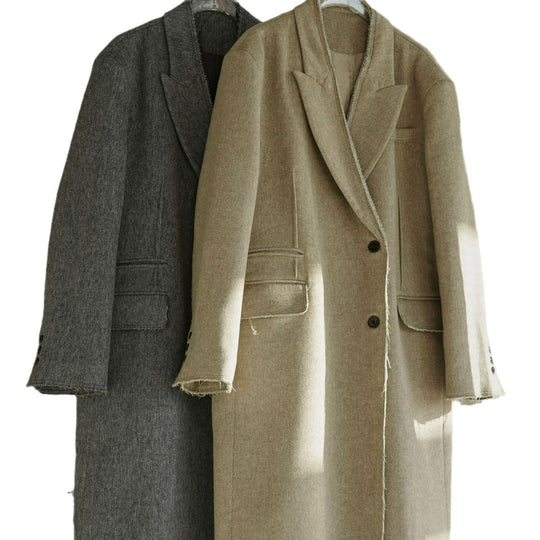 Damen Boxy Langmantel aus Wollmix mit ausgefransten Kanten und Doppelreiher Shop Nory