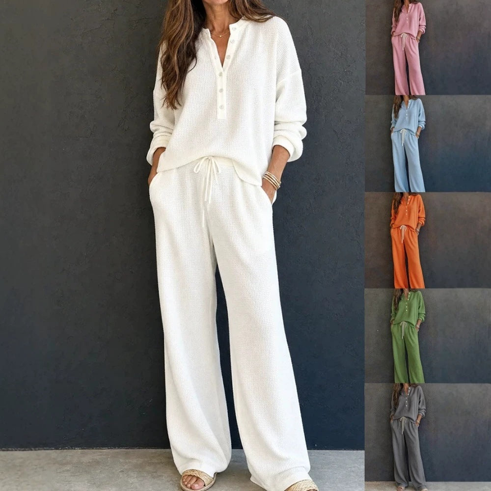 Damen Waffelstrick-Loungewear-Set mit Henley-Oberteil und weiter Kordelbundhose Shop Nory
