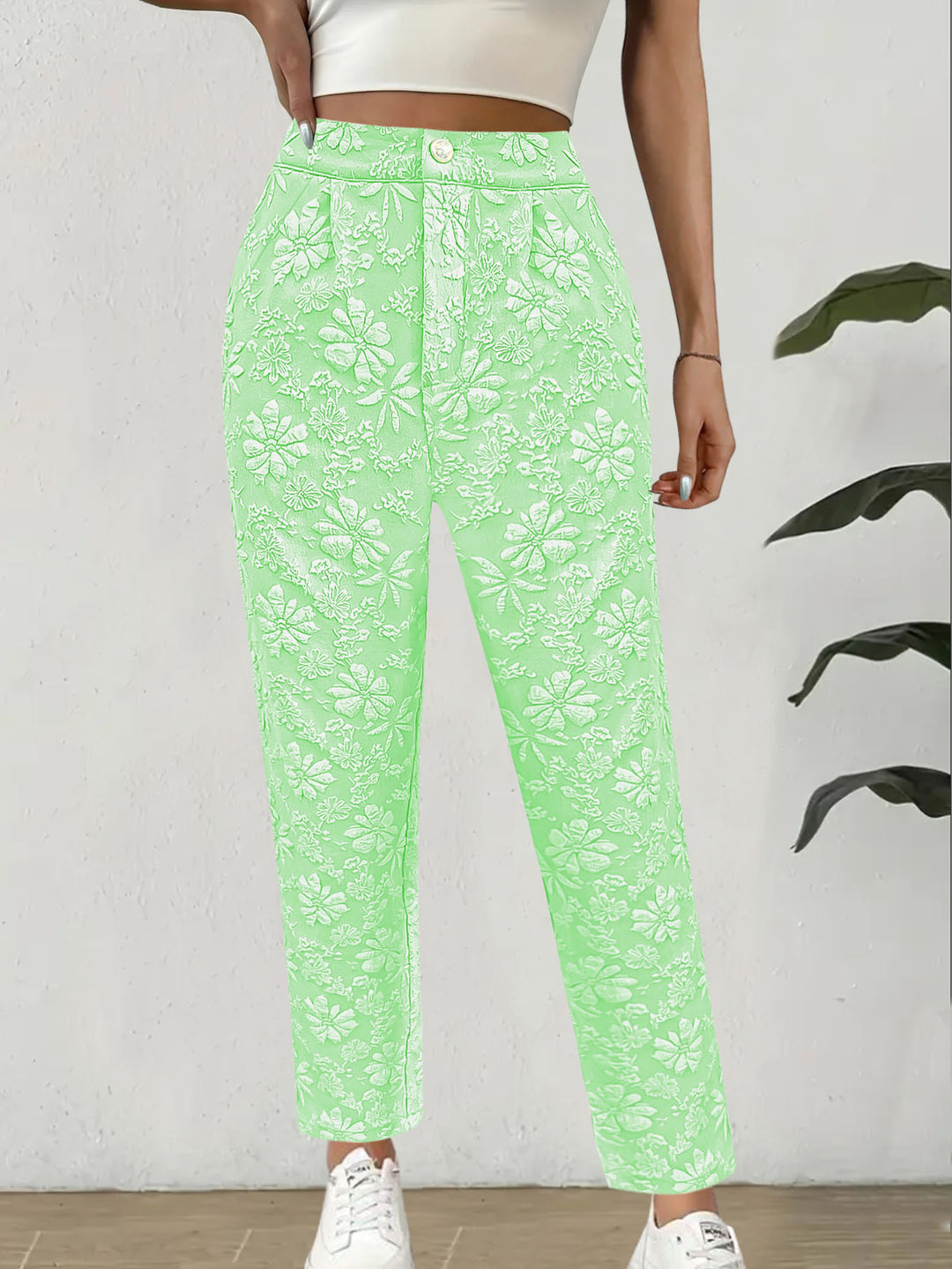 Damen Hochtaillierte Bundfalten‑Hose mit floralem Jacquard und geradem Bein Shop Nory