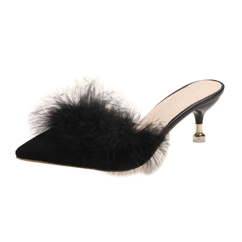 Damen Elegante Mules mit luxuriösen Federn und schickem Absatz