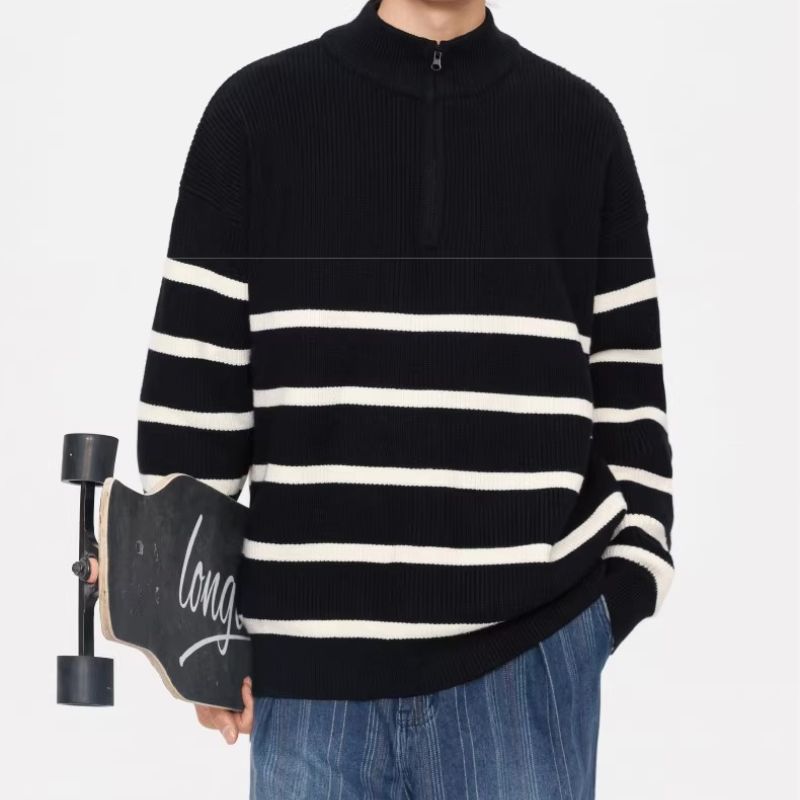 Unisex Oversize Strickpullover mit halbem Reißverschluss, maritimen Kontraststreifen und strukturierter Rippoptik Shop Nory