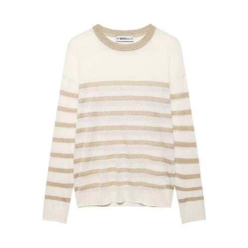 Damen Leichter gestreifter Feinstrickpullover mit metallischem Lurex‑Streifen und Rundhals Shop Nory