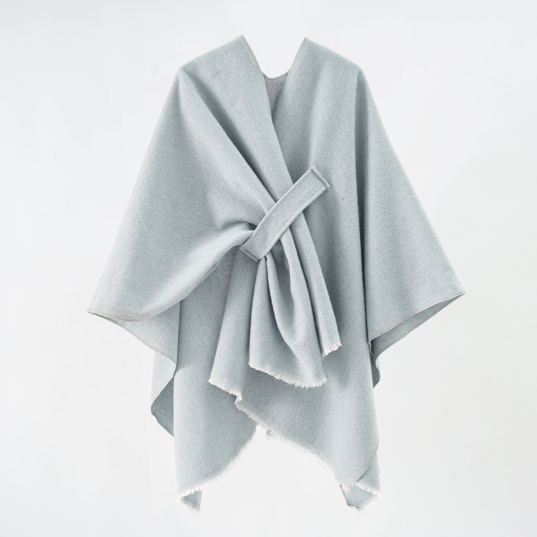 Damen luxuriöser Woll-Kaschmir-Poncho mit Bindegürtel und Fransensaum Shop Nory