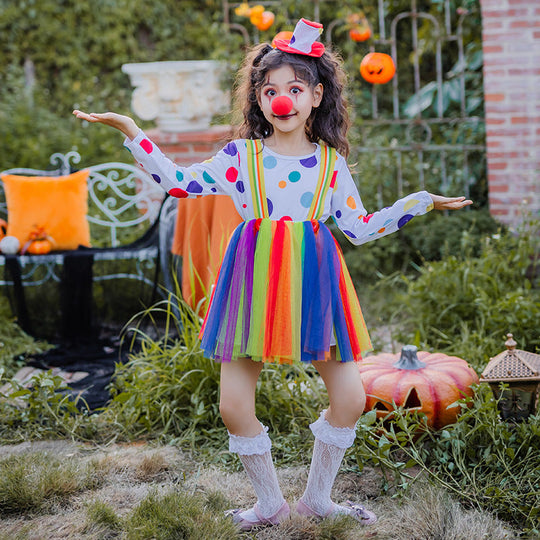Mädchen Clownkostüm mit bunten Punkten und Tüllrock Shop Nory