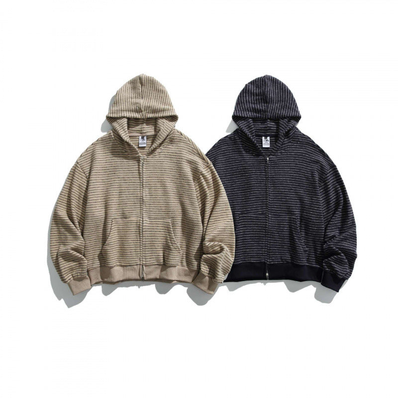 Unisex Boxy Kapuzen-Sweatjacke mit durchgehendem Reißverschluss, Streifenstruktur und geripptem Saum Shop Nory