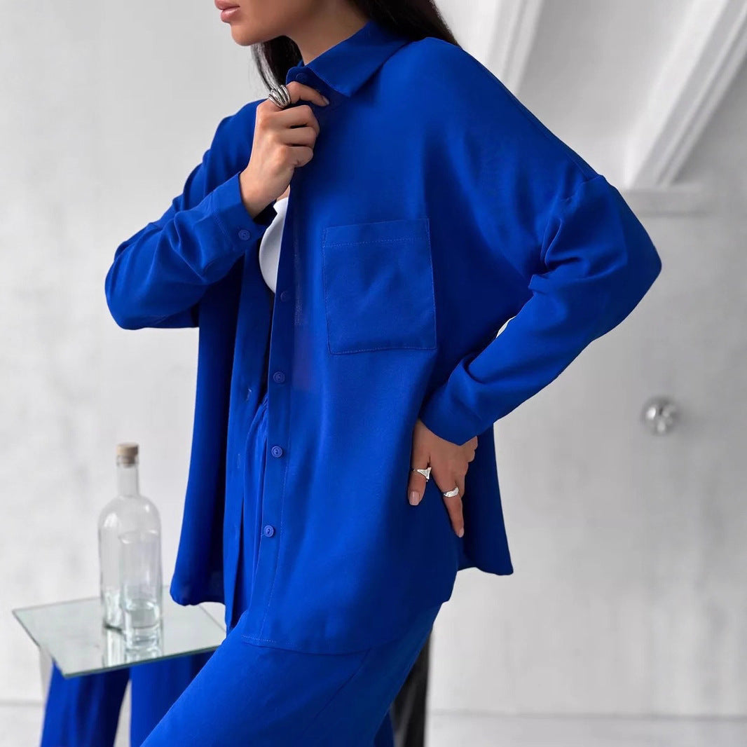 Damen Zweiteiliges Lounge-Set Oversize-Bluse mit Brusttasche und weiter Palazzo-Hose Shop Nory