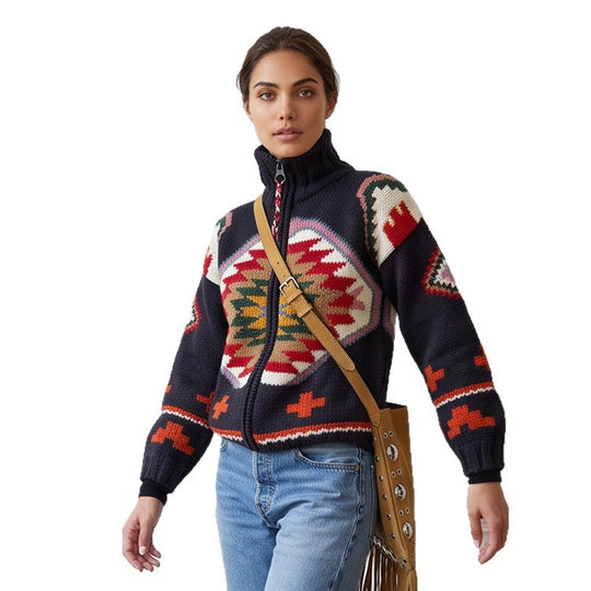 Damen Jacquard-Strickjacke mit Navajo‑Muster, Reißverschluss und hohem Kragen Shop Nory