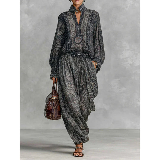 Damen Fließendes Boho-Zweiteiler-Set mit weiter Tunika und Haremshose im Paisley-Design Shop Nory