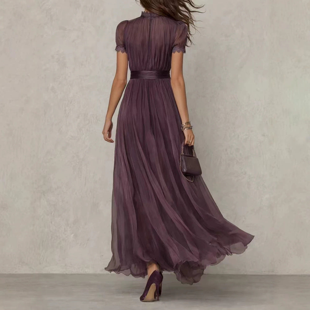 Damen nan langes Chiffon-Abendkleid mit Spitzen‑Stehkragen, Schlüsselöffnung und taillierter Schärpe