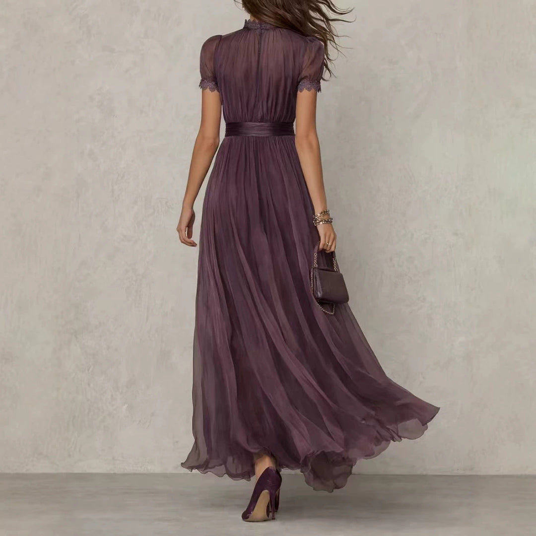 Damen nan langes Chiffon-Abendkleid mit Spitzen‑Stehkragen, Schlüsselöffnung und taillierter Schärpe