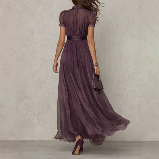 Damen nan langes Chiffon-Abendkleid mit Spitzen‑Stehkragen, Schlüsselöffnung und taillierter Schärpe