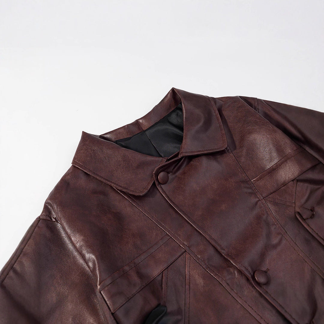 Damen Kurzer Boxy‑Lederimitat‑Blouson mit geometrischen Nahtdetails und Hemdkragen Shop Nory