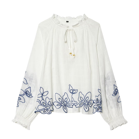 Damen bestickte Baumwoll-Tunika mit Volantkragen, Smokdetails und Bindeband Shop Nory