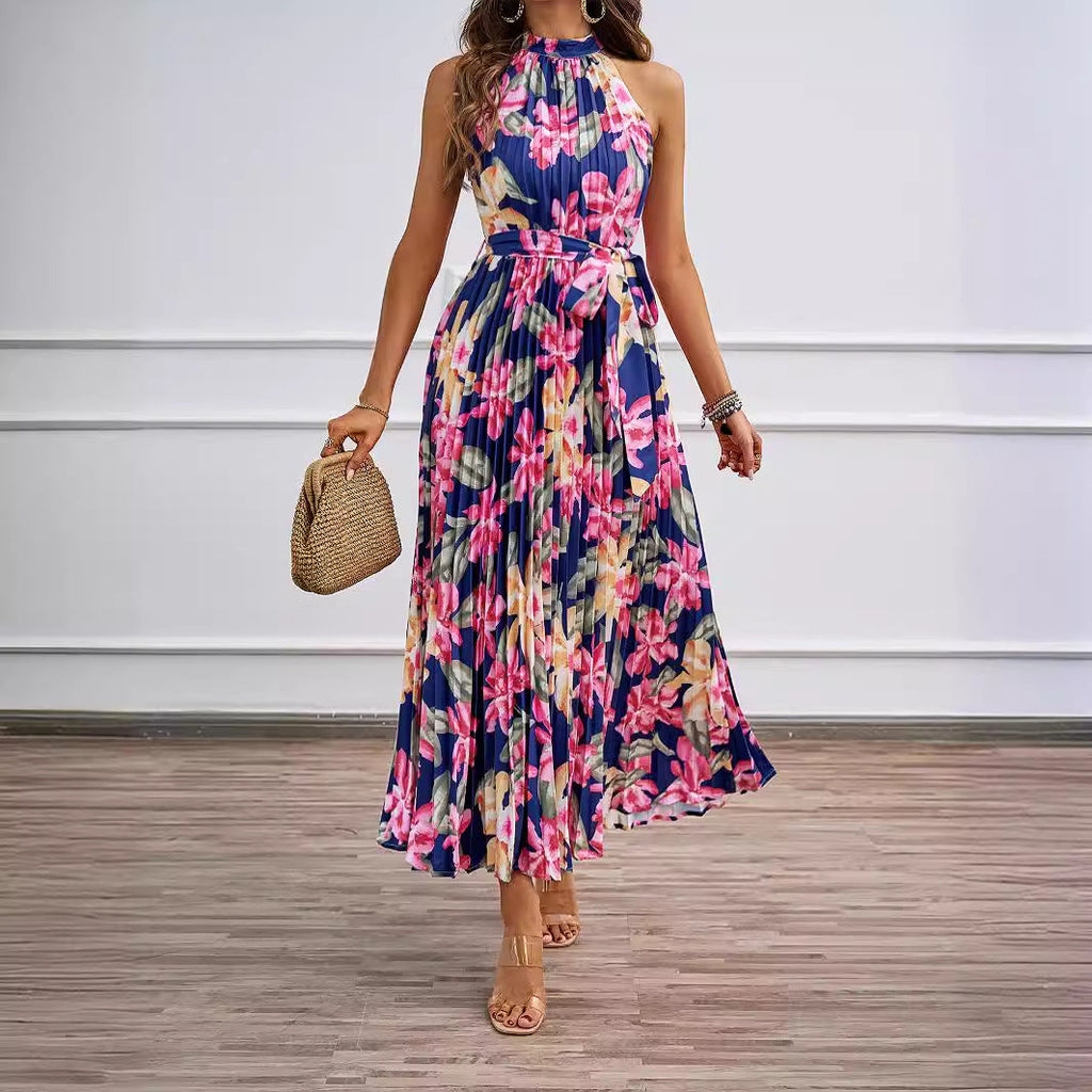 Damen Maxikleid mit detaillierter Plisseeverarbeitung und schickem Bindegürtel