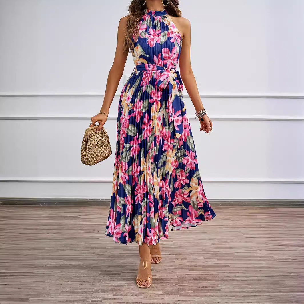 Damen Maxikleid mit detaillierter Plisseeverarbeitung und schickem Bindegürtel
