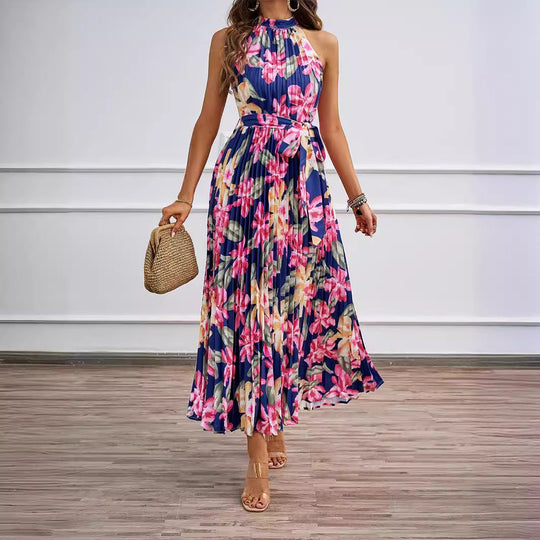 Damen Maxikleid mit detaillierter Plisseeverarbeitung und schickem Bindegürtel