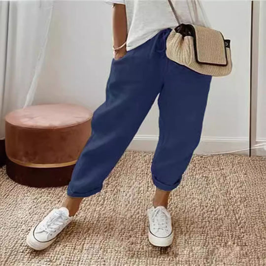Damen Lässige Leinen-Joggerhose mit hohem Bund, Tunnelzug und gekrempeltem Saum Shop Nory