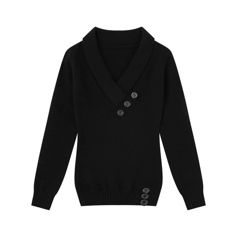 Damen Feinstrick-Pullover mit Schalkragen, V-Ausschnitt und Zierknöpfen Shop Nory