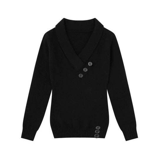 Damen Feinstrick-Pullover mit Schalkragen, V-Ausschnitt und Zierknöpfen Shop Nory
