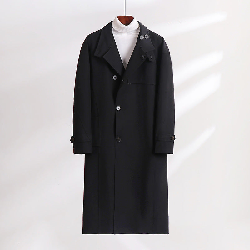 Herren Langgeschnittener Minimalistischer Trenchcoat mit Schalkragen und verstellbaren Ärmelriemen Shop Nory