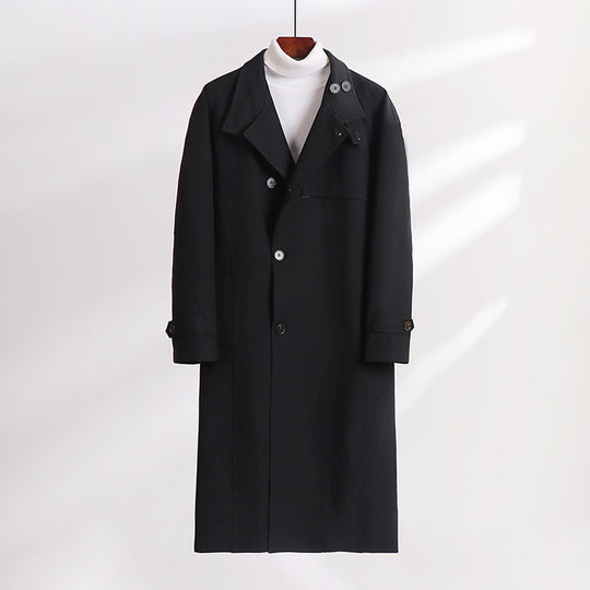 Herren Langgeschnittener Minimalistischer Trenchcoat mit Schalkragen und verstellbaren Ärmelriemen Shop Nory