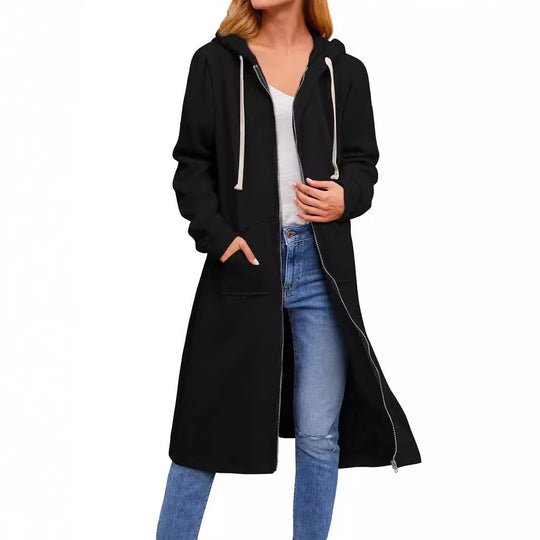 Damen Langer Kapuzen-Sweatmantel mit Zwei-Wege-Reißverschluss und Kängurutaschen Shop Nory
