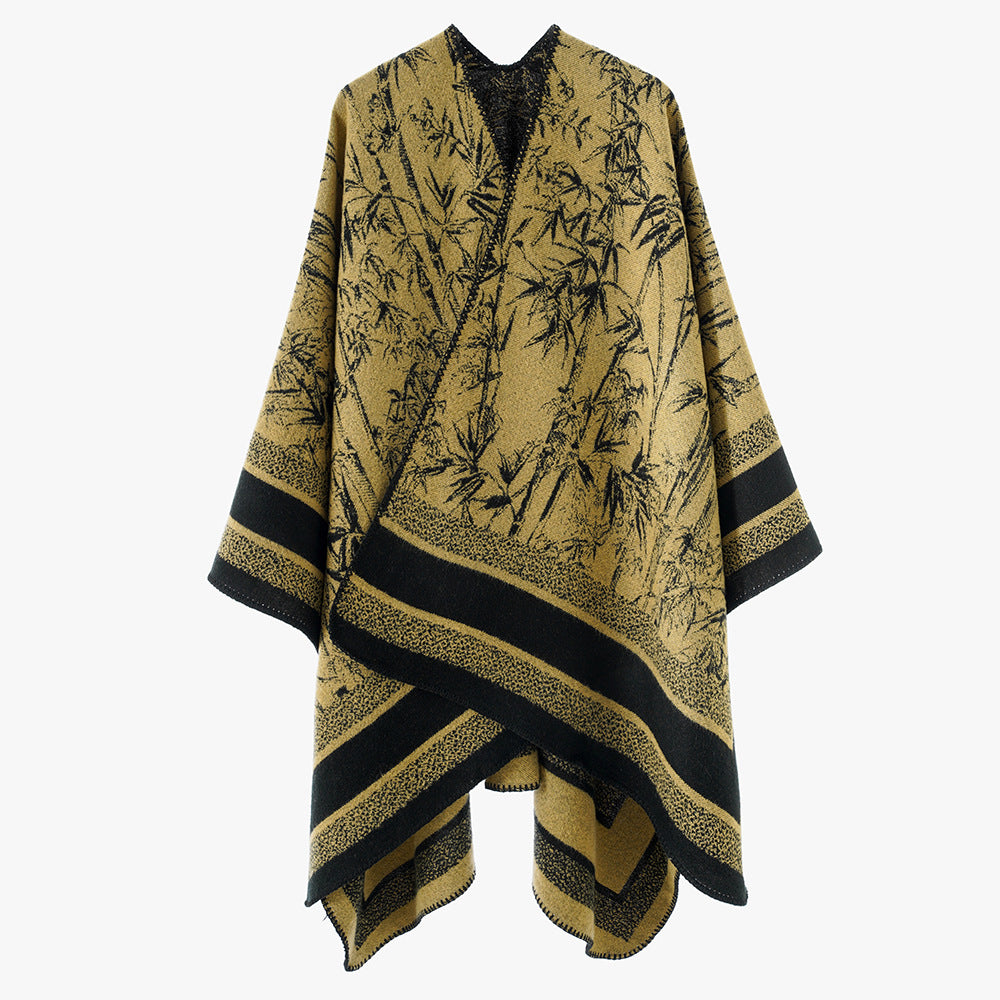 Damen Jacquard‑Poncho im Cape‑Stil mit Bambusmotiv und offener Vorderseite Shop Nory